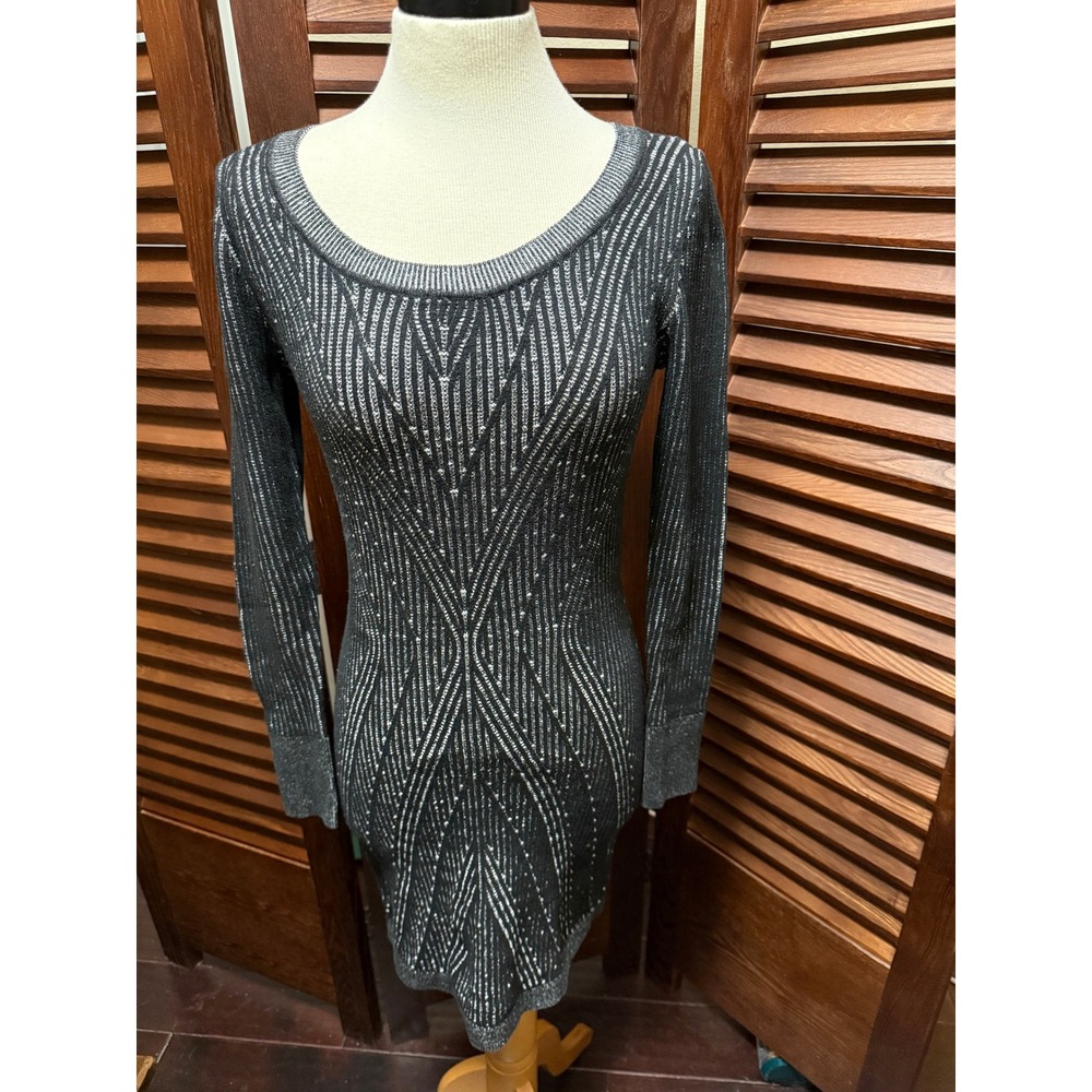 Victorias Secret Black Silver Metallic Geometric Knit Sweater Mini Dress S